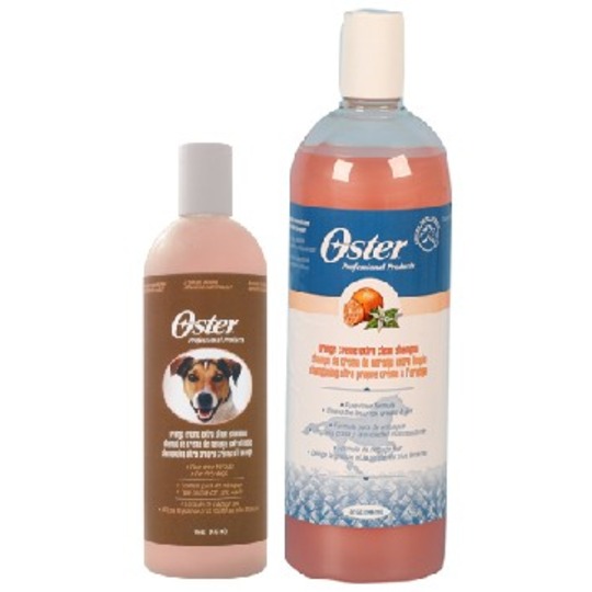 Oster Orange creme shampoo. Deze shampoo maakt de vuilste dieren schoon.