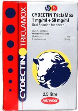 Cydectin Triclamox Drench 2.5ltr. --- Tegen maag-, darm-, longwormen, leverbot, luizen & schurftmijt.